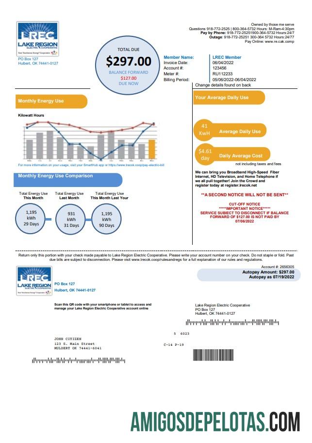 Em branco modelo de conta de serviços públicos da região do lago LREC dos EUA Oklahoma em formato Word e PDF